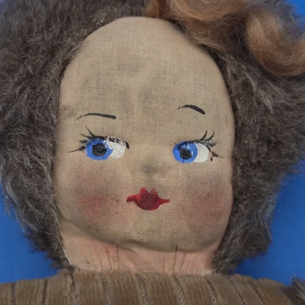 Antique Child’s Hand Muff Doll 12” Fur Trim Cloth Face Winter Muff Needs TLC
